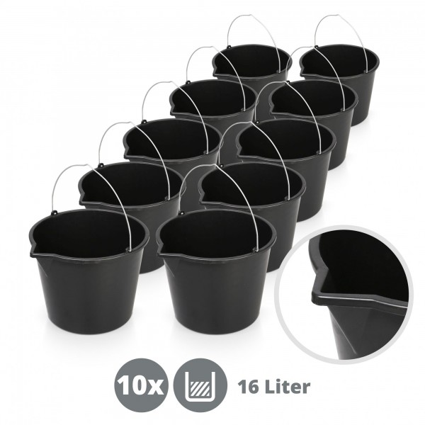 10 x vědro stavební plastové 16 litrů černé s nálevkou kbelík