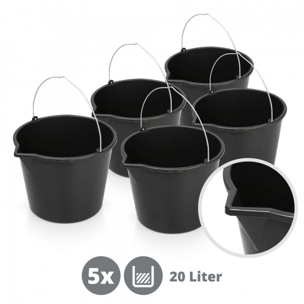 5 x vědro stavební plastové 20 litrů černé s nálevkou kbelík